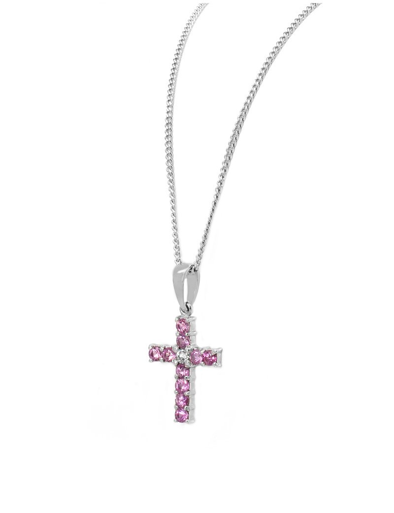 18ct White Gold Pink Sapphire & Diamond Cross Pendant | T T Jewellers